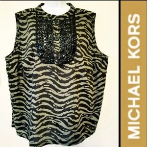 Michael Kors Zebra Print Blouse with Black Stones Size Large